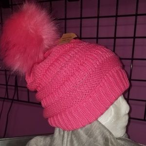 Pink Knitted Hat with Faux Fur Pom Pom